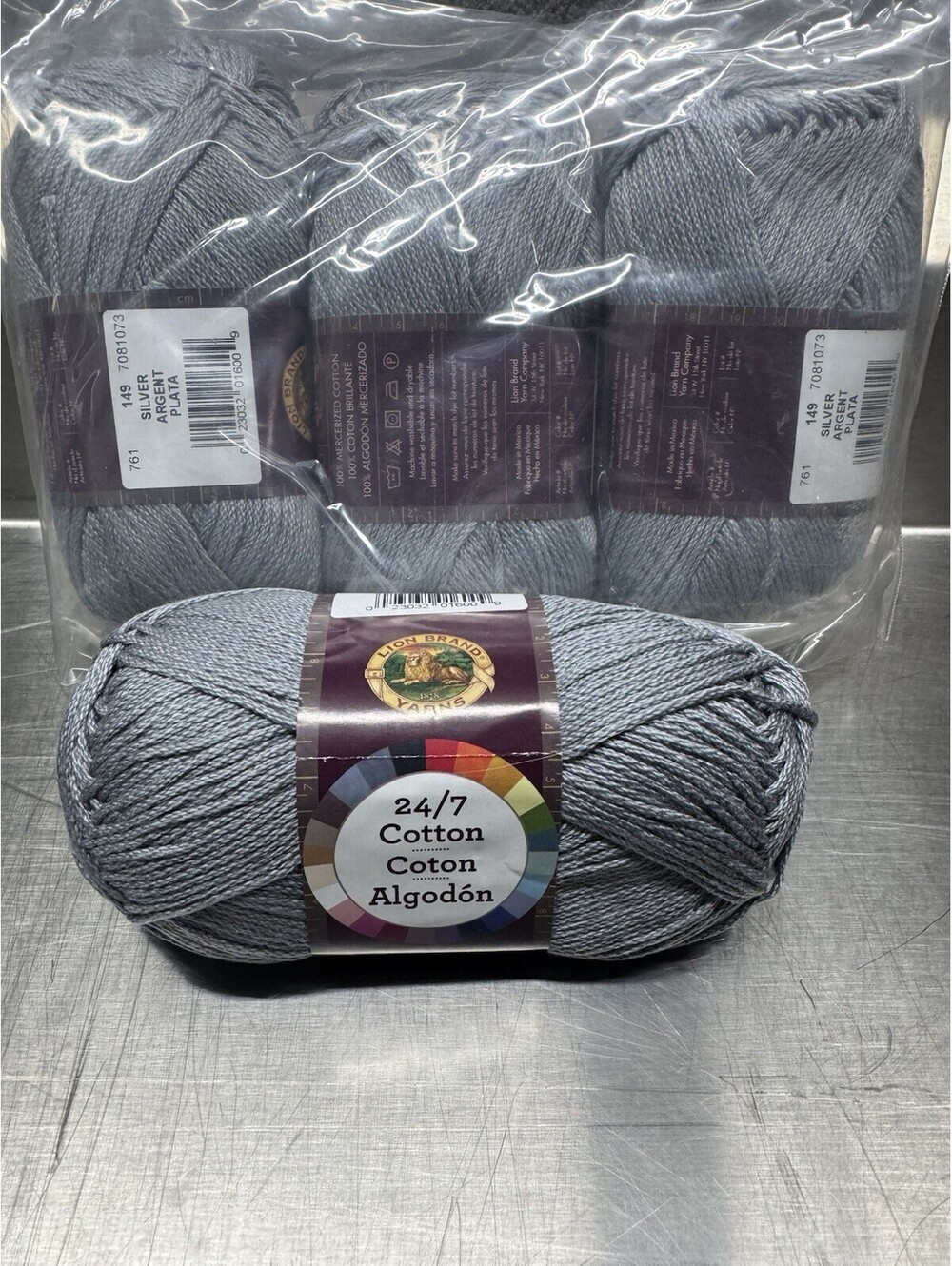 Lion Brand 24/7 Cotton Yarn Color 149 Silver  4 Skein Lot